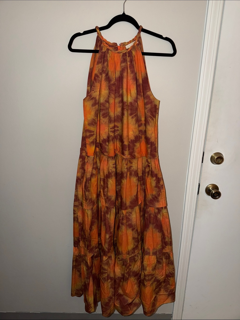 Ulla Johnson Orange and Brown Tie-Dye Halter Tiered Maxi Dress